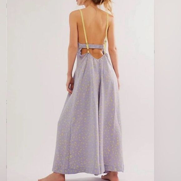 NWT Free People Coming Home Playsuit Romper Sky Blue Yellow Combo - Picture 3 of 7